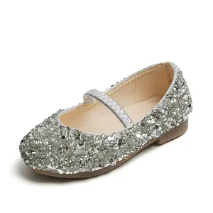 Sparkling silver sequin Mary Jane shoes for girls with elastic strap and soft sole
