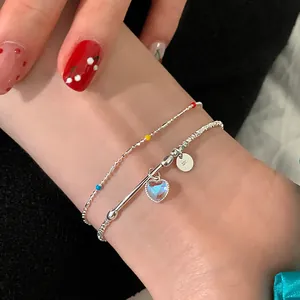 Pulsera de doble capa de plata 925 con cuentas de colores y colgante de corazón suave