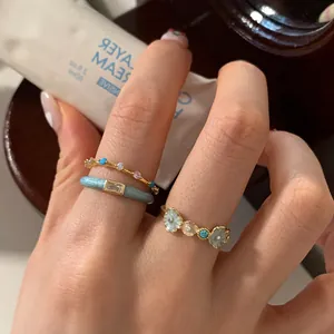 Elegant Blue Enamel Flower Open Ring For Women Gold Plated Alloy Zirconia Adjustable Finger Ring Daily Party Jewelry Gift