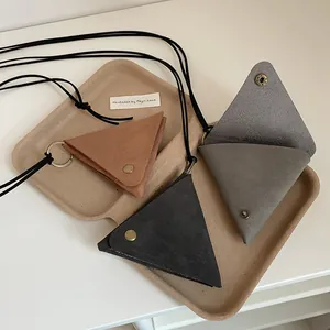 Vintage triangular leather necklace pouch with metal snap button in three colors