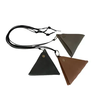 Triangle leather mini pouch necklace in grey and brown with adjustable neck strap