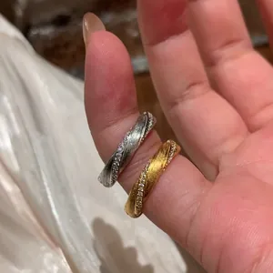 Vintage Light Luxury Twisted Zirconia Ring For Women 925 Sterling Silver Brushed Texture Gold Silver Plated Finger Ring