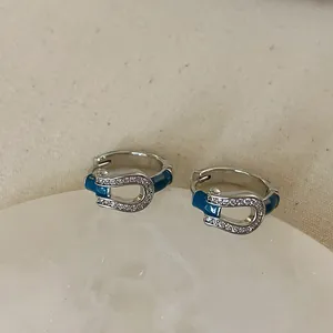 Detailed macro of horseshoe buckle earrings with blue enamel and sparkling cubic zirconia