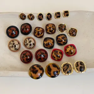 Elegant leopard resin stud earring set with vintage geometric patterns and gold bases