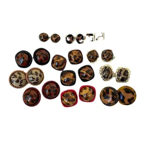 Elegant leopard print resin stud earrings set in various retro geometric shapes and colors