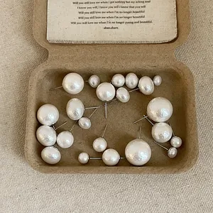 French Vintage Irregular Faux Pearl Stud Earrings With 925 Sterling Silver Earring Post Hammered Texture Alloy Women Daily Jewelry