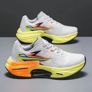 Breathable mesh running shoes with neon gradient thick sole and lightning design