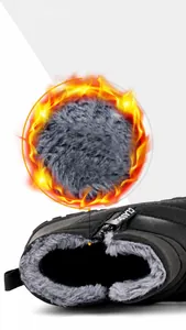 Detail view of thickened gray plush lining inside black winter snow boots for men