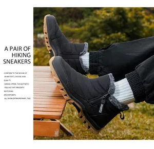 Detail of men's waterproof winter hiking boots with plush lining and rugged sole