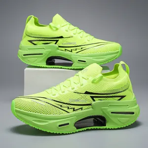 Detail of neon green running shoes featuring hollow-out cushioning system and mesh upper