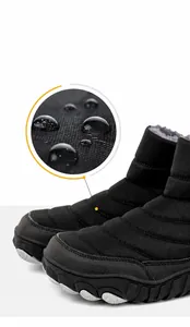 Detail of water-repellent jacquard fabric on black snow boots with warm plush lining