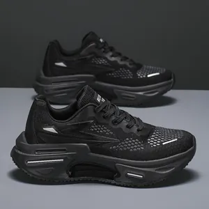 Men's lightweight breathable black mesh running shoes with thick cushioned soles