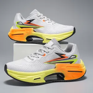 Detail of breathable mesh upper and gradient cushioned sole on these modern running shoes