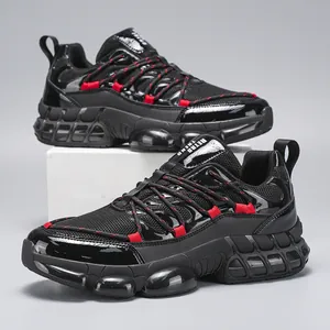 Classic black and red thick-soled breathable mesh sneakers with retro trend design