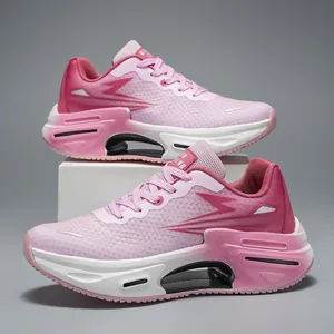 Detail of pink breathable mesh running shoes with hollow shock-absorbing sole unit