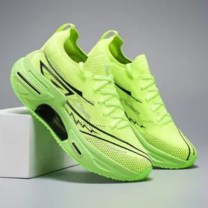 Detail view of fluorescent green knitted running shoes with cushioning midsoles and breathable mesh