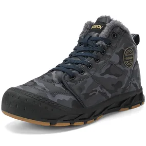 Men's waterproof high-top winter snow boots featuring camo pattern and grey faux fur lining