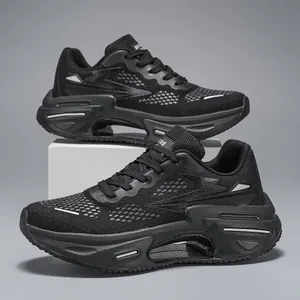 Detailed view of the mesh upper and cushioned hollow sole of these black running shoes