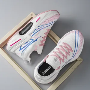 Close-up of lightweight flying woven running shoes with breathable fabric and 41 size tag