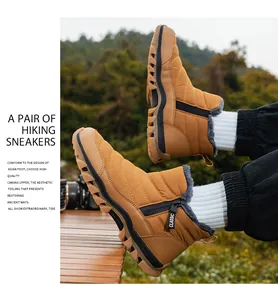 Detail of warm fur-lined waterproof winter hiking boots for men with side zipper