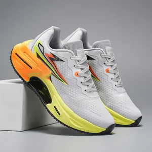 Detailed side view of breathable mesh running shoe with gradient cushioning sole