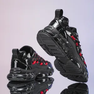 Men large size 47 black sneakers with glossy leather, mesh panels and red details