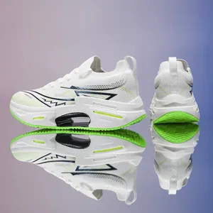 Close-up of breathable mesh fabric and vibrant neon green cushioned outsole on running shoes