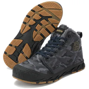 Side and sole view of camouflage high-top snow boots with warm fleece lining.