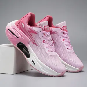 Detail view of pink and lilac breathable mesh running shoes with silver flash accents