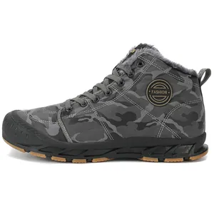 Detail view of high-top camouflage winter boot featuring warm fur lining and non-slip sole.