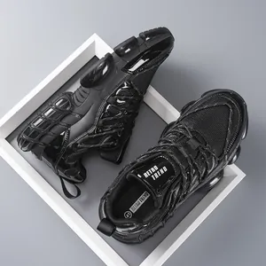 Men's breathable black mesh sports shoes with visible air cushion sole in large size