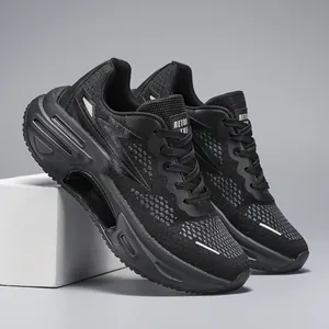 Men's breathable mesh running shoes in black with thick cushioning sole and retro design