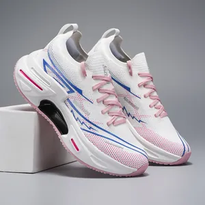 Women's lightweight breathable mesh running shoes in white, pink and blue colorway