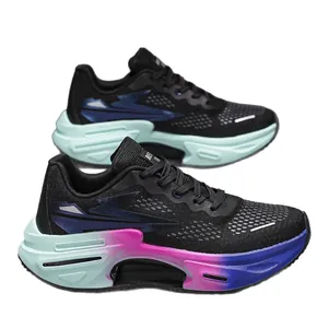 Breathable black mesh running shoes with vibrant mint green to pink gradient thick soles
