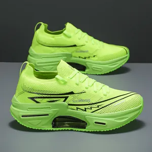 Neon green breathable running shoes with retro lettering and thick cushioned sole