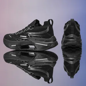 Black cushioned running shoes with hollow thick sole and breathable mesh fabric