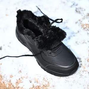 Baskets d'hiver noires pour hommes en similicuir avec doublure polaire sur neige