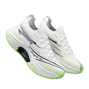 White breathable mesh running shoes with neon green soles and retro lettering accents