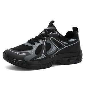 Herren Atmungsaktive Schwarze Mesh Laufschuhe mit dicker Sohle und grauen geometrischen Linien