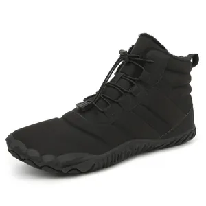 Waterproof black high-top barefoot snow boots with warm faux fur lining and rubber sole