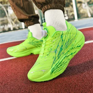 Neon green marathon running shoes with twist-lock buckles on a professional track field