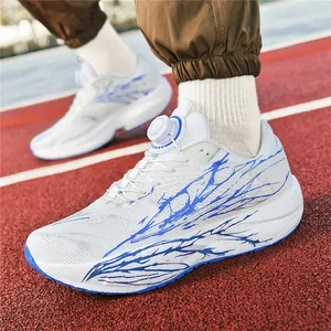 Men's white mesh running shoes with BOA dial on red track with blue accents