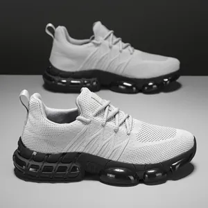 Breathable mesh running shoes with modular foam soles and knit texture in grey and black