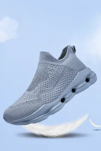 Detail of blue knit sock sneaker showing breathable mesh and lightweight foam sole