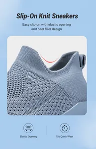 Detail of light blue knit walking shoes with elastic collar for 1-second quick entry