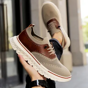 Brown leather and beige knit Brogue loafers with white thick anti-slip sole for men