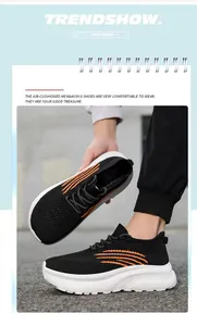 Detail von schwarzen Flyknit-Mesh-Schuhen mit orangen Streifen und weißer Polstersohle