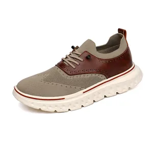 Khaki knit and brown leather brogue loafers with thick white cushioned sole for men