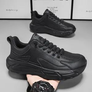 Men's wide-fit black leather running shoes with non-slip thick soles for casual wear