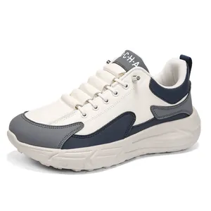 Wide-fit men's leather casual sneakers in white and navy with non-slip thick rubber soles